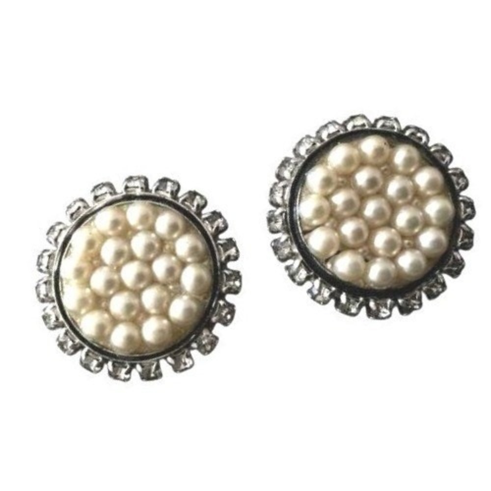 Vintage Faux Pearl Black Enamel Smoky Rhinestone Silver Plated Clip On Earrings‎